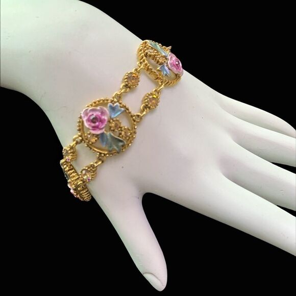Vintage rose floral enamel open work crystal bracelet Banana Bob sample 8” + - Picture 3 of 11